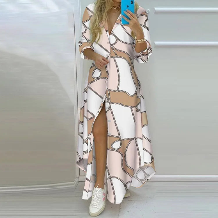 Autumn Women's  A-line Lapel Slit Long Sleeved Elegant Dress