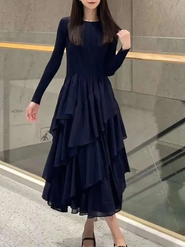 Miyake Elegant Pleated Long Dress for Women Round Neck Long Sleeves Ruffles A-line Dresses
