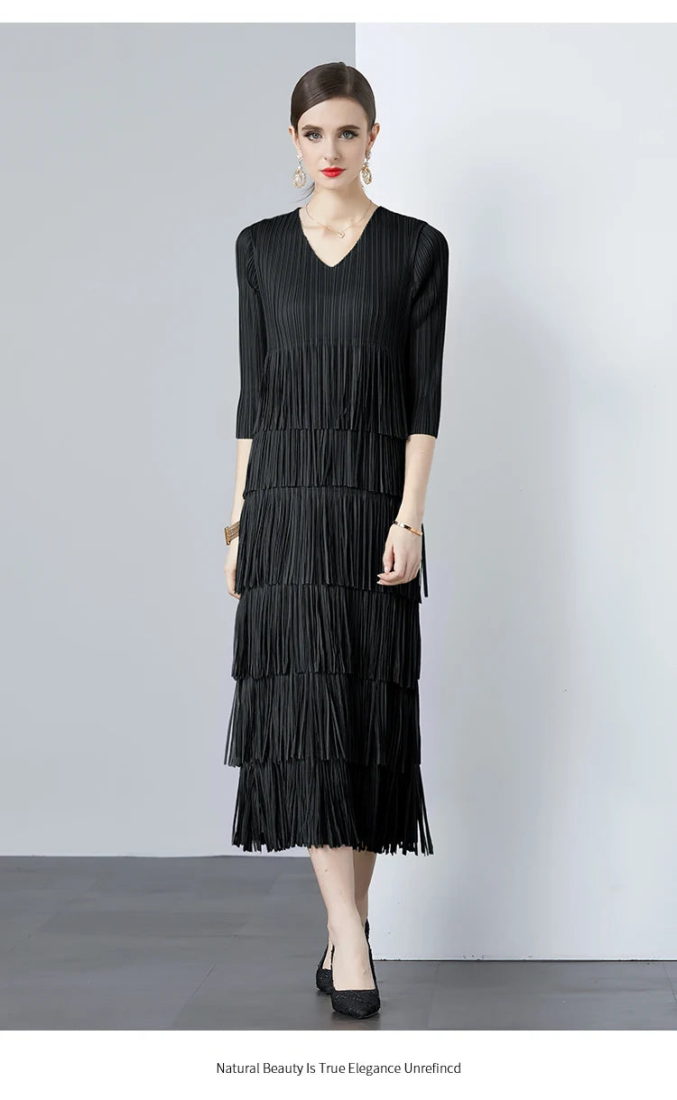 Miyake Fold  New V-neck Tassel Long Sleeve Scarf Tassel Solid Color Dress