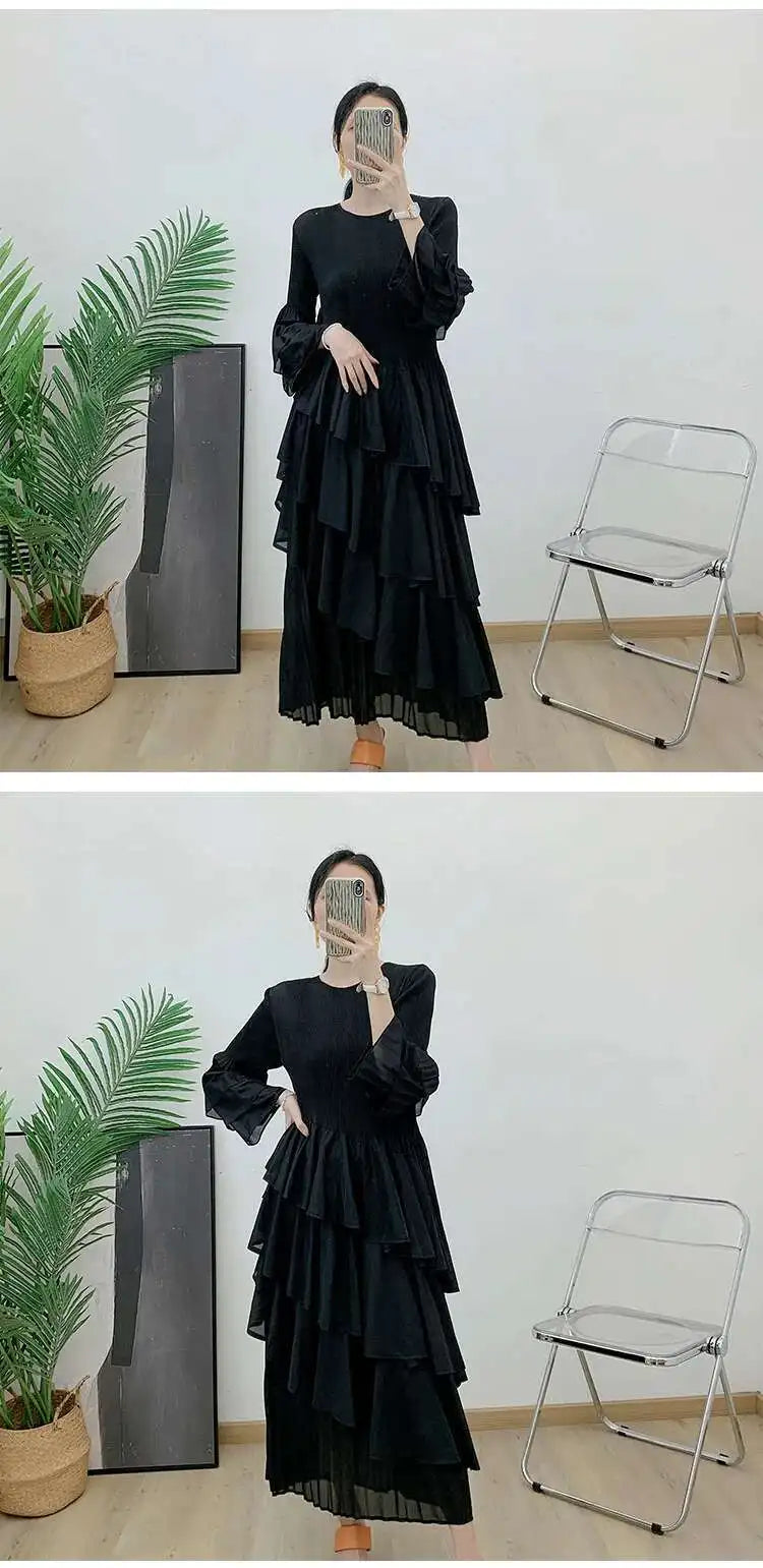 New Ruffles Pleated Dress Women Round Neck Flare Sleeves Loose Chic Long Length dress