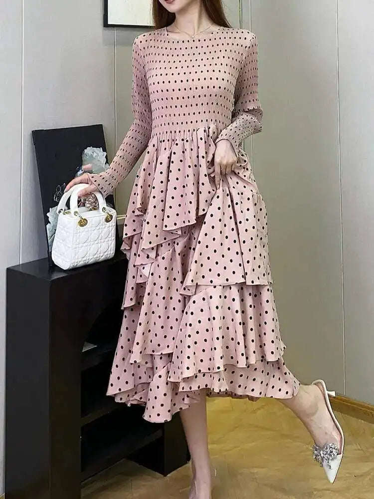 Women's Polka Dot Dress  Design Long Sleeves Ruffles Elegant Dresses