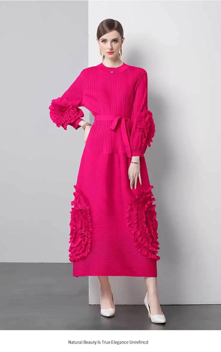 3D Flower Pleated Dress Bubble Sleeves High Waist Designer High-end Temperament Belt Long Dresses