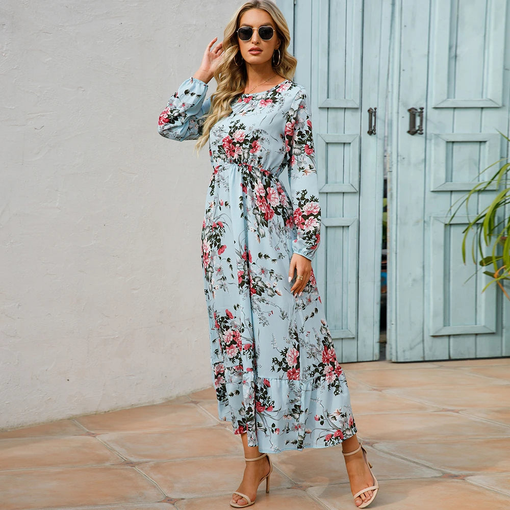 Women Maxi Dress Casual Long Sleeve High Waist   Chiffon Dress