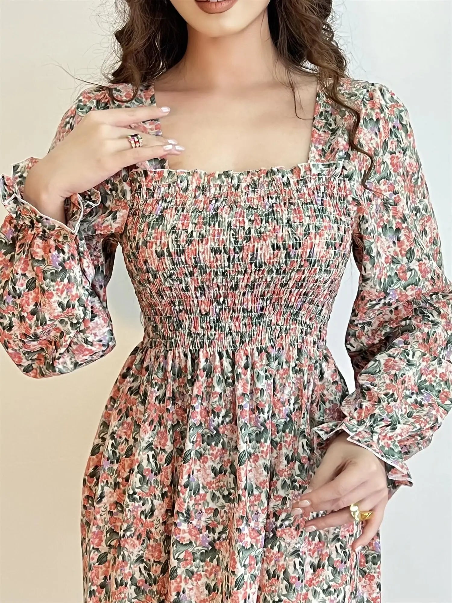 Autumn  Casual Dress Women Chiffon Dresses Long Sleeve A-line Printed Floral Elastic Chest Lace Up Midi Dresses