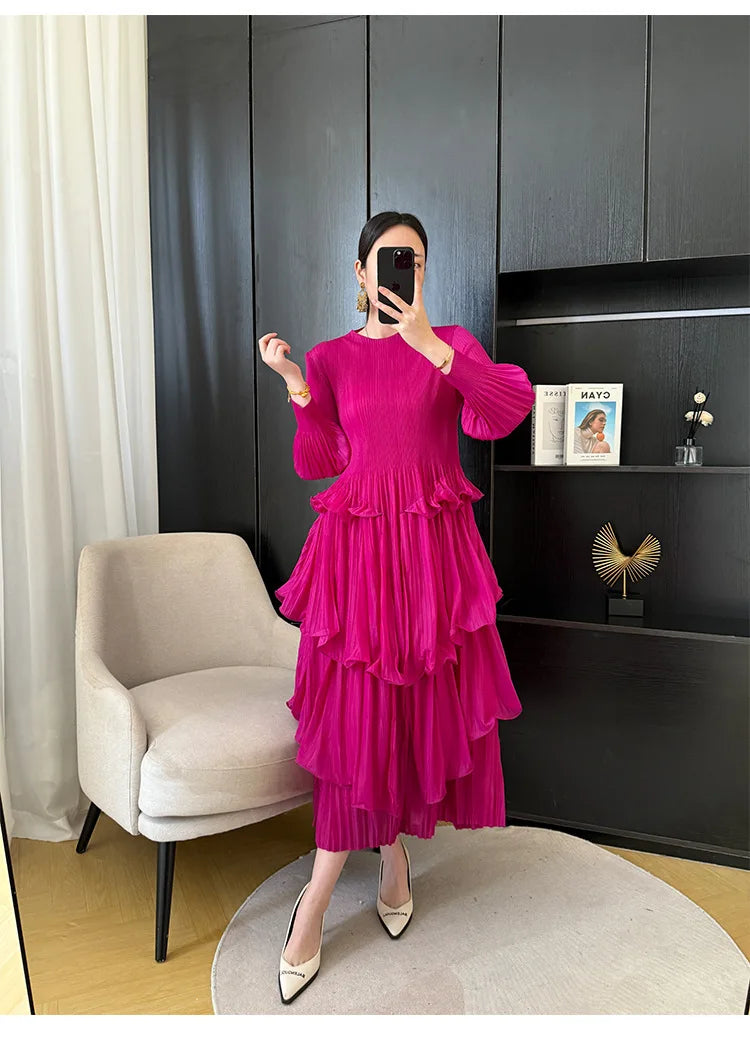 Pleated French Women's Dress  Chic New Ruffled High-End Design Long Sleeve dress