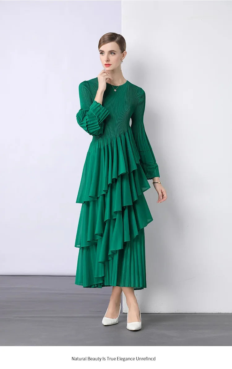 Chiffon  Long Sleeve Empire Waist Dress Draped Skirt Heavy Embellishment  Leaf Edge  Style Dress