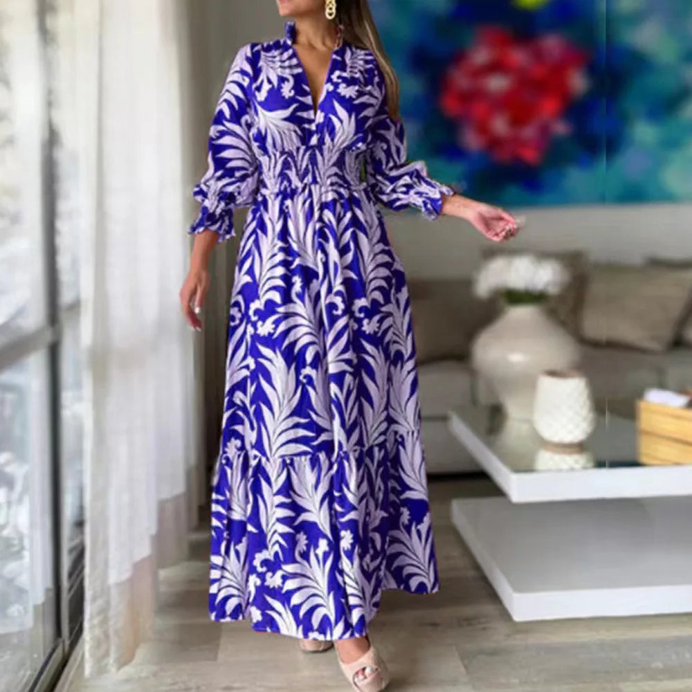 Waist  Pullover  Flower Printed Long Sleeve Autumn Winter New Long Dress Big Hem Dress Long Maxi