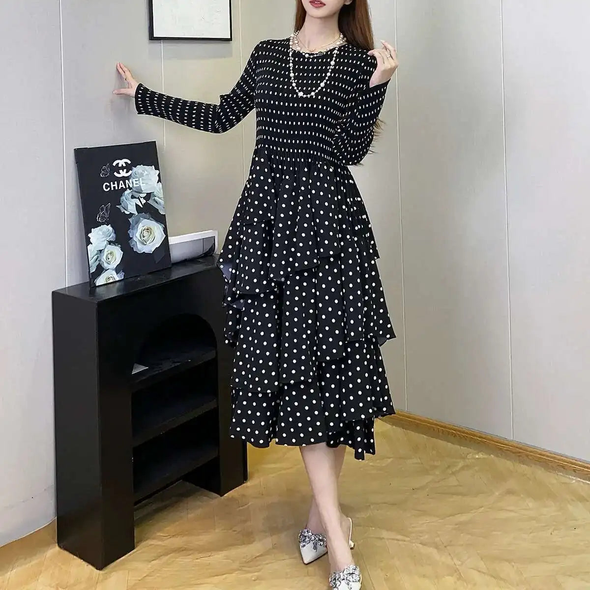 Women's Polka Dot Dress  Design Long Sleeves Ruffles Elegant Dresses
