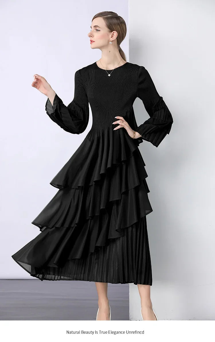 Chiffon  Long Sleeve Empire Waist Dress Draped Skirt Heavy Embellishment  Leaf Edge  Style Dress