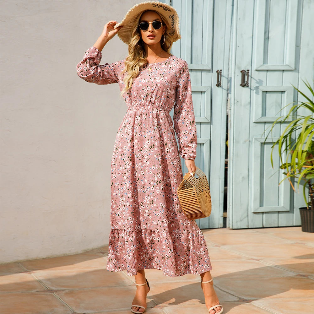 Women Maxi Dress Casual Long Sleeve High Waist   Chiffon Dress
