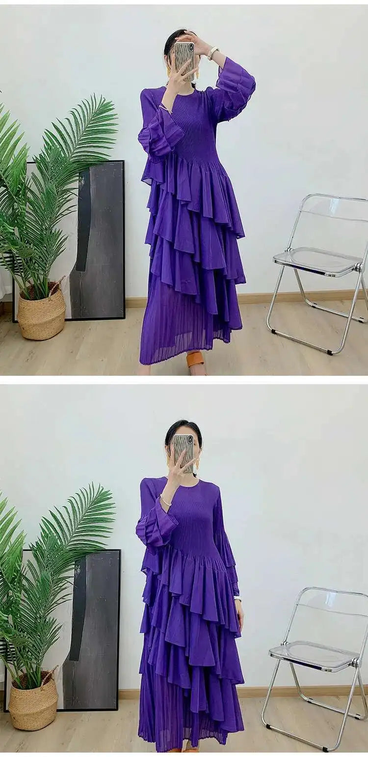 New Ruffles Pleated Dress Women Round Neck Flare Sleeves Loose Chic Long Length dress