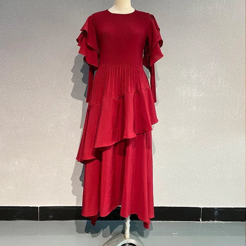 Fashion Pleated Long Dress  Design Sense Crew-neck Long Sleeve Pleated Dresses