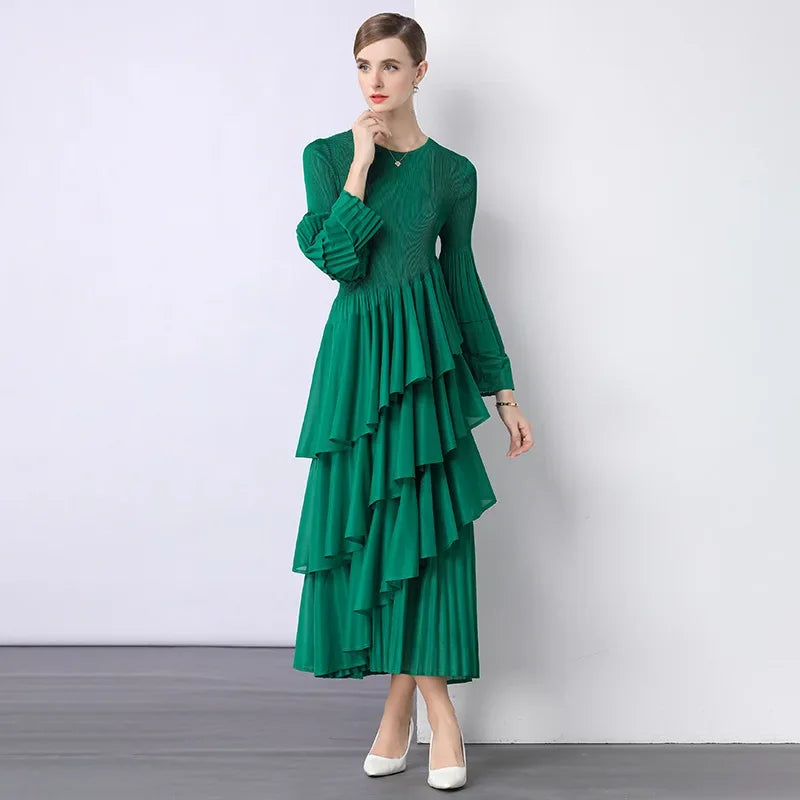 Chiffon  Long Sleeve Empire Waist Dress Draped Skirt Heavy Embellishment  Leaf Edge  Style Dress