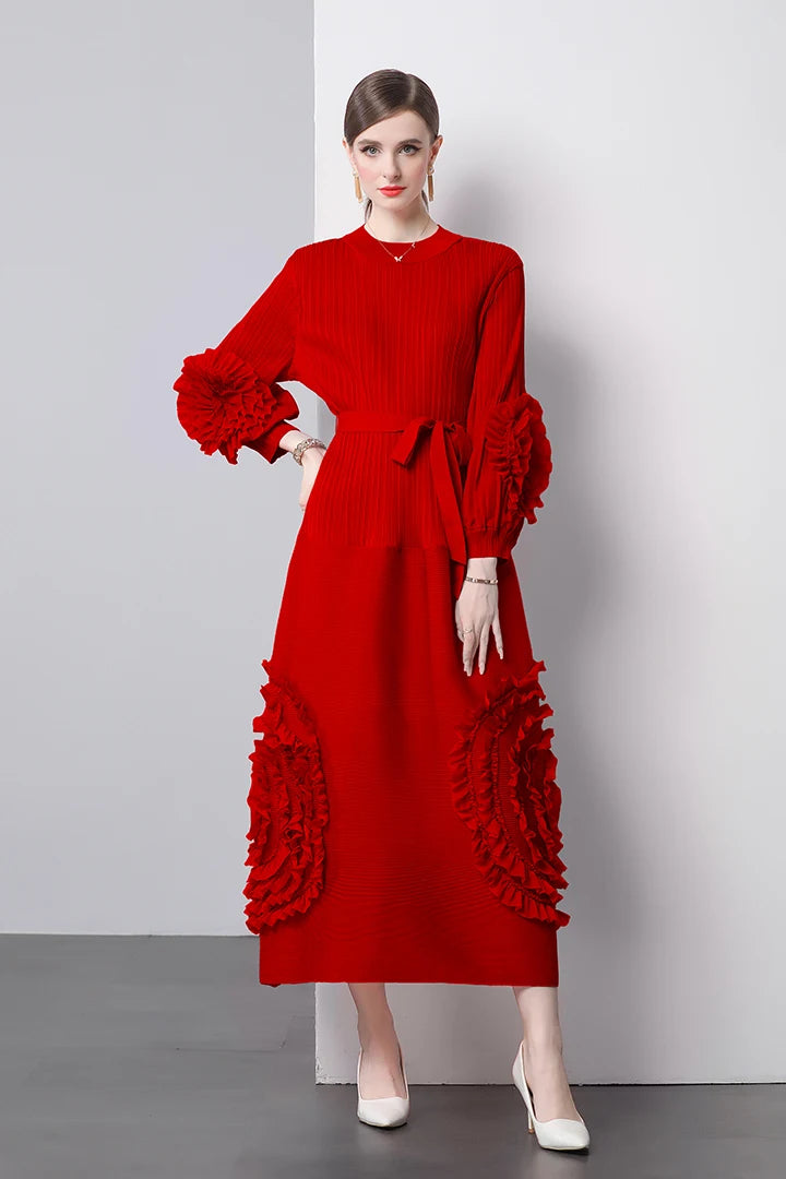 3D Flower Pleated Dress Bubble Sleeves High Waist Designer High-end Temperament Belt Long Dresses