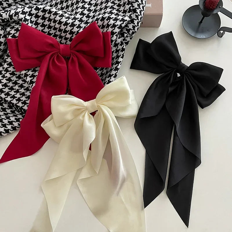 Accessories Hair Clips for Women Girls Big Bowknot Solid Satin Long Ribbon Bows Spring Clamp Barette Cheveux Femme 2023