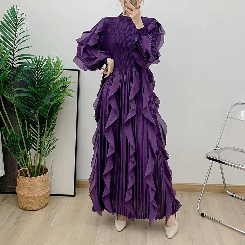 Fashion Ruffles Pleated Dress Women Round Neck Flare Sleeves Solid Maxi Dress