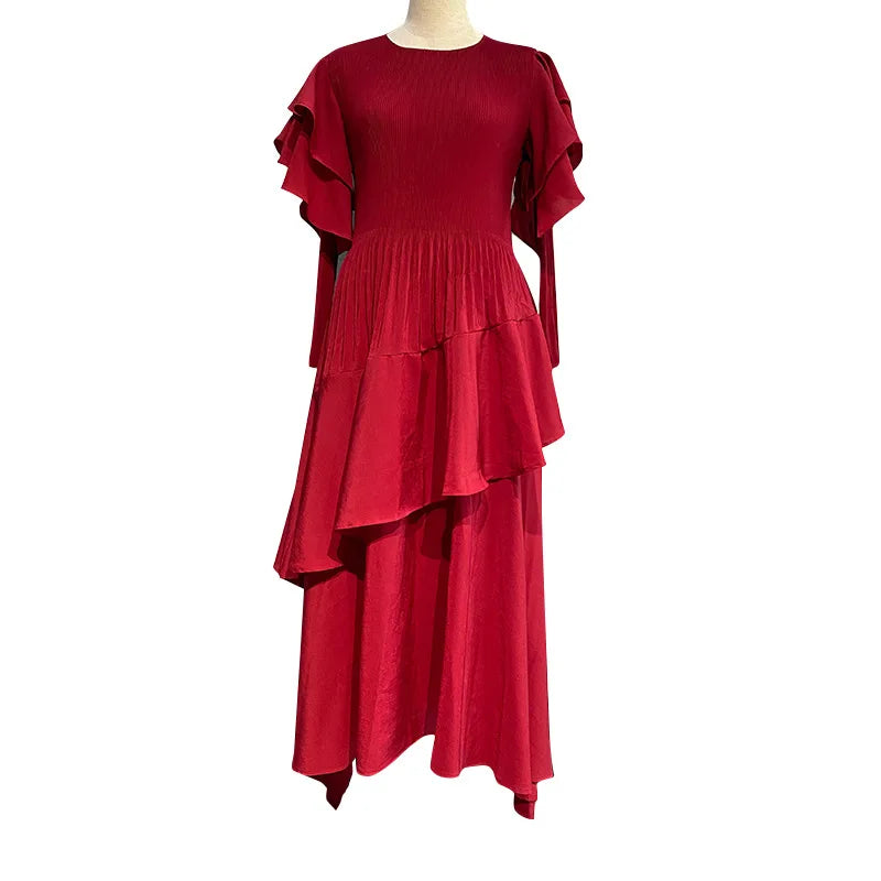 Fashion Pleated Long Dress  Design Sense Crew-neck Long Sleeve Pleated Dresses