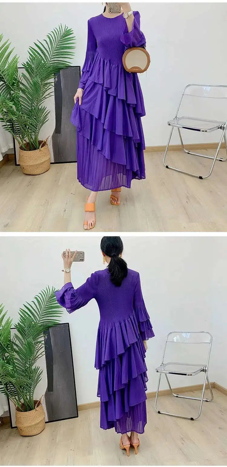 New Ruffles Pleated Dress Women Round Neck Flare Sleeves Loose Chic Long Length dress