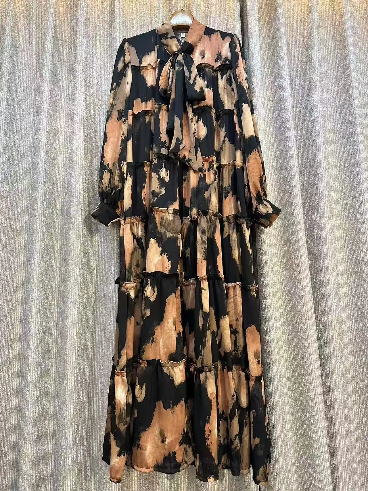 Jarlrysberg Luxury Women's Purple Print Dress  2025 Bow Neck Lantern Sleeve Ruffles Loose Fit Elegant Party Big Swing Robe