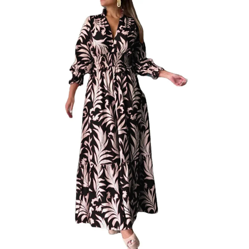 Waist  Pullover  Flower Printed Long Sleeve Autumn Winter New Long Dress Big Hem Dress Long Maxi