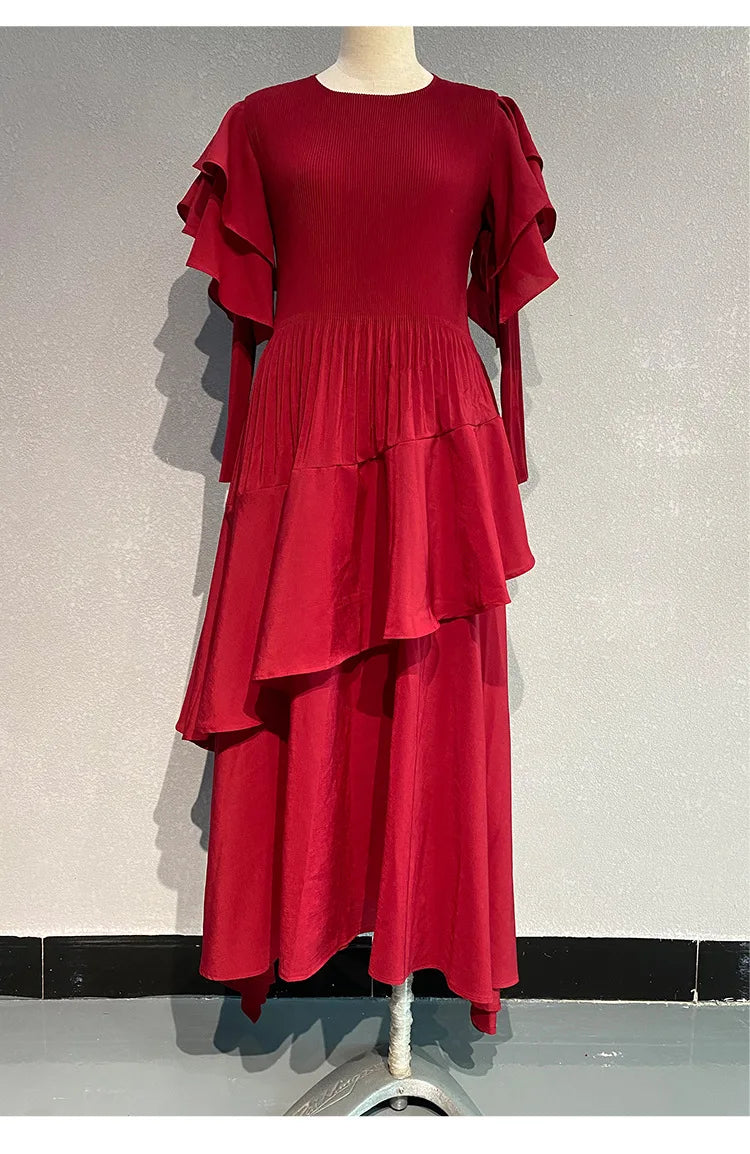 Fashion Pleated Long Dress  Design Sense Crew-neck Long Sleeve Pleated Dresses