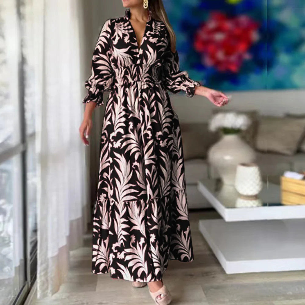 Waist  Pullover  Flower Printed Long Sleeve Autumn Winter New Long Dress Big Hem Dress Long Maxi