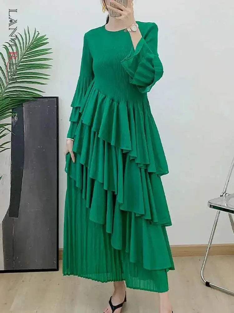 New Ruffles Pleated Dress Women Round Neck Flare Sleeves Loose Chic Long Length dress