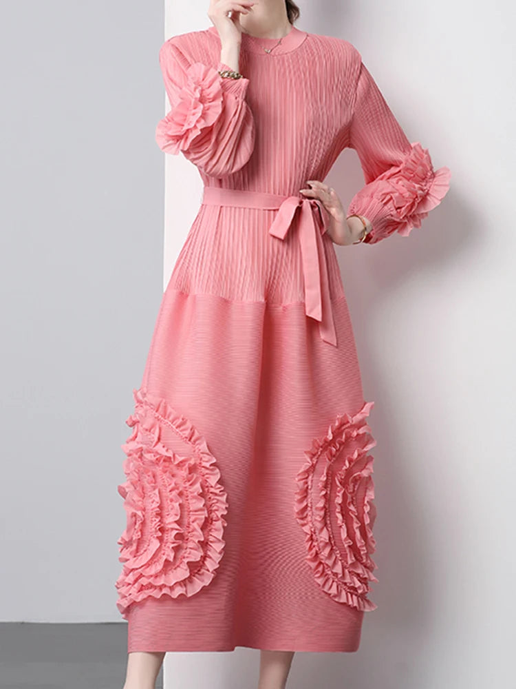 3D Flower Pleated Dress Bubble Sleeves High Waist Designer High-end Temperament Belt Long Dresses