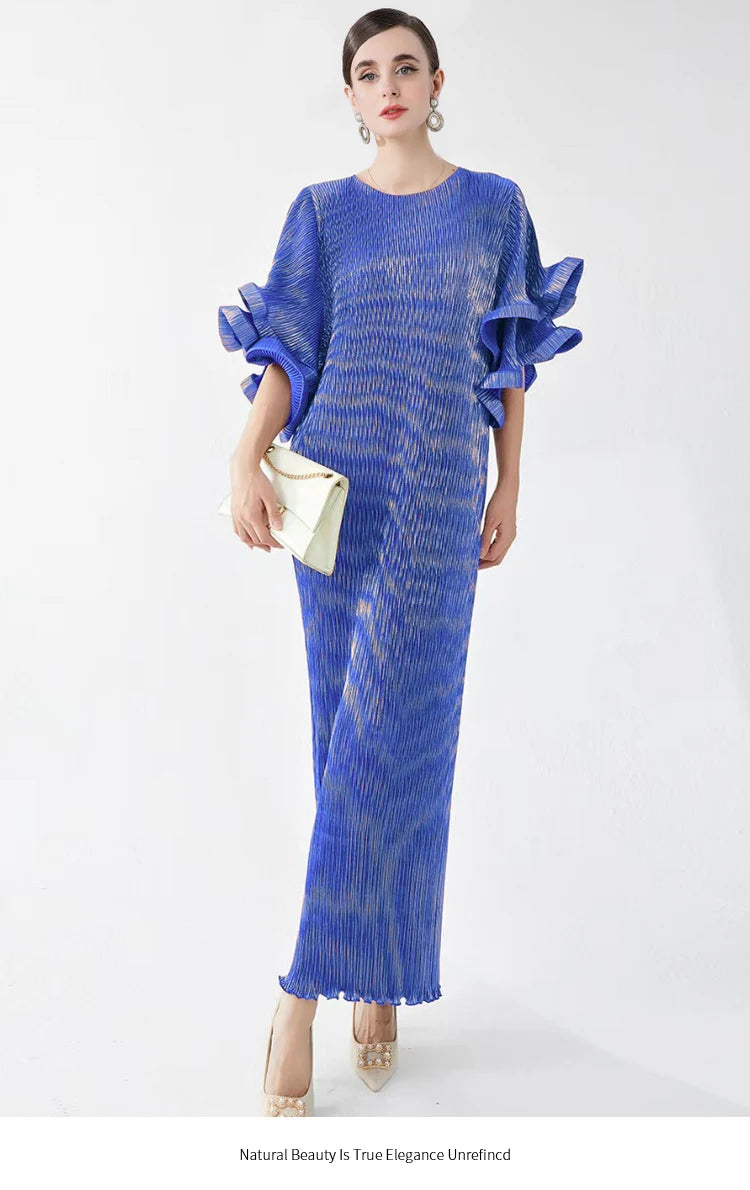 Miyake Dress for Women Looks Slim and Luxurious Round Neck Flared Sleeves with Loose Fit Gilded Pleated Elegant Dress Long Skirt
