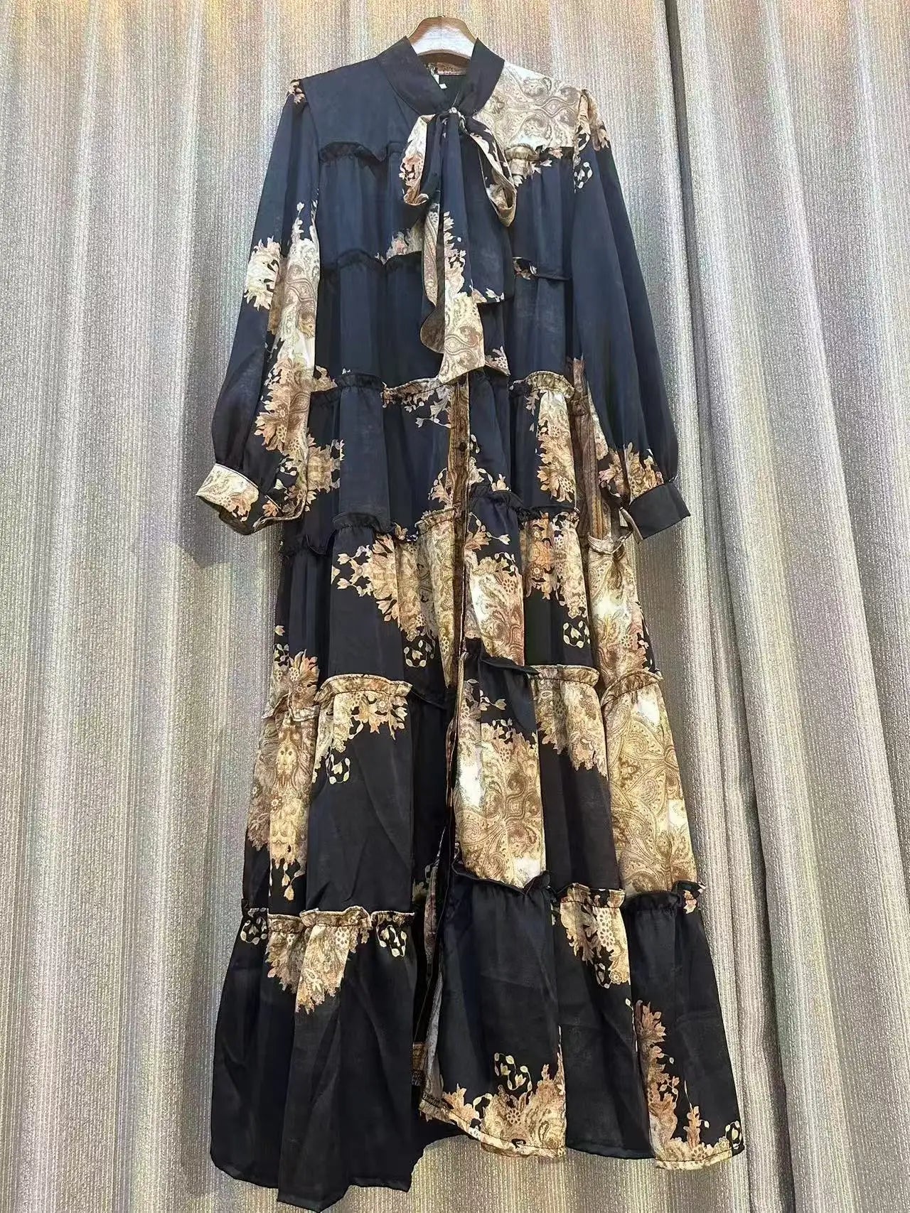 Jarlrysberg Luxury Women's Purple Print Dress  2025 Bow Neck Lantern Sleeve Ruffles Loose Fit Elegant Party Big Swing Robe