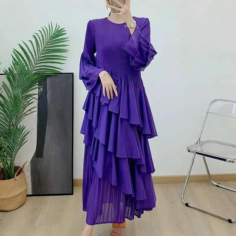 New Ruffles Pleated Dress Women Round Neck Flare Sleeves Loose Chic Long Length dress