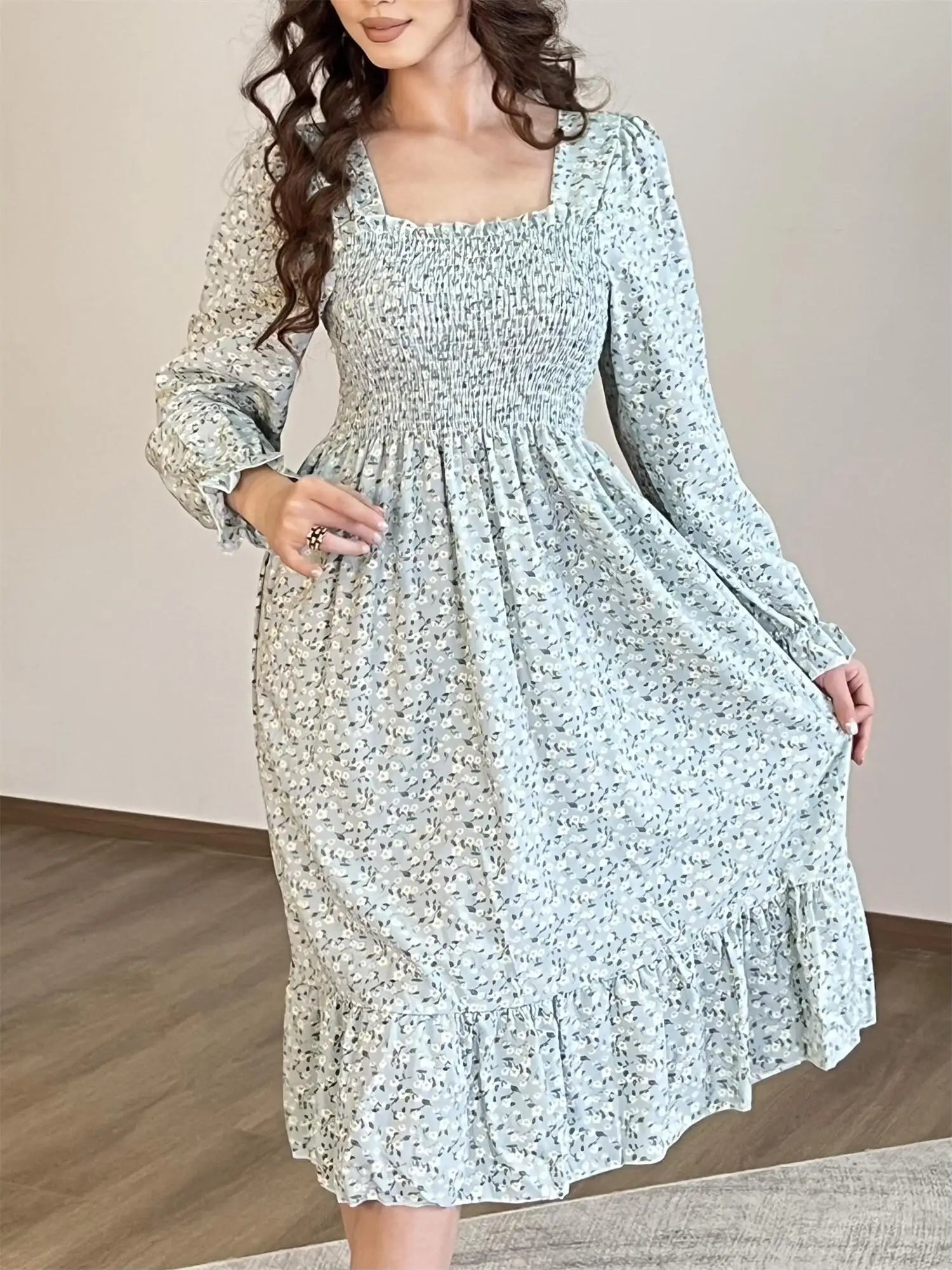 Autumn  Casual Dress Women Chiffon Dresses Long Sleeve A-line Printed Floral Elastic Chest Lace Up Midi Dresses