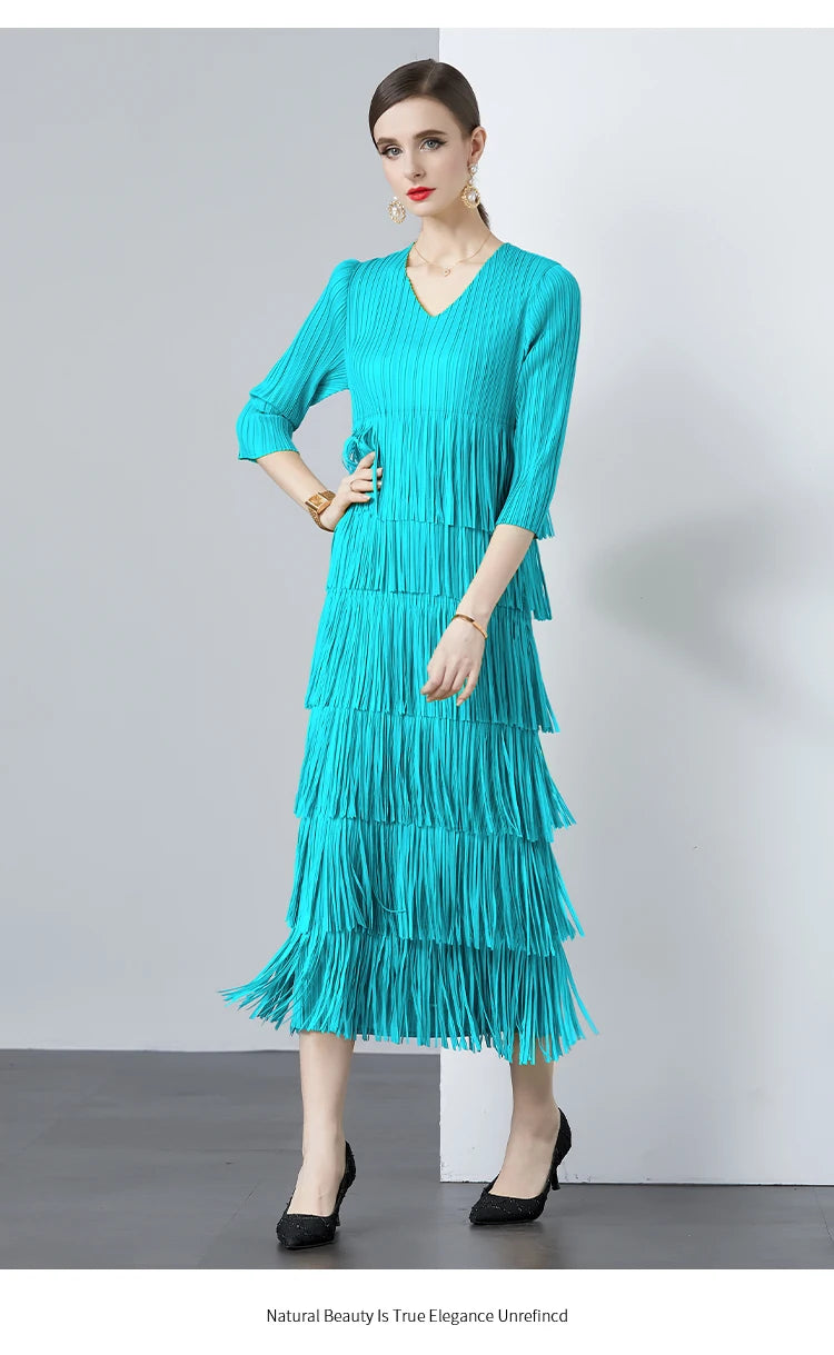 Miyake Fold  New V-neck Tassel Long Sleeve Scarf Tassel Solid Color Dress