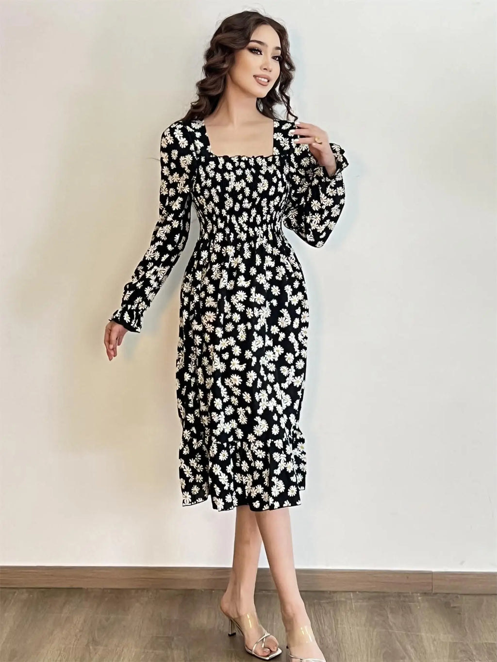 Autumn  Casual Dress Women Chiffon Dresses Long Sleeve A-line Printed Floral Elastic Chest Lace Up Midi Dresses