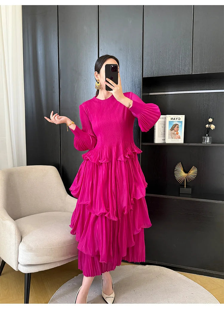 Pleated French Women's Dress  Chic New Ruffled High-End Design Long Sleeve dress
