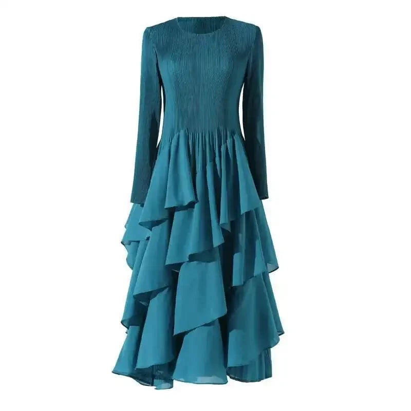 Miyake Elegant Pleated Long Dress for Women Round Neck Long Sleeves Ruffles A-line Dresses