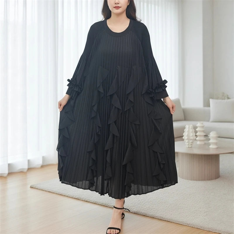 Ruffled Patchwork Design Women's Pleated Dress Loose
