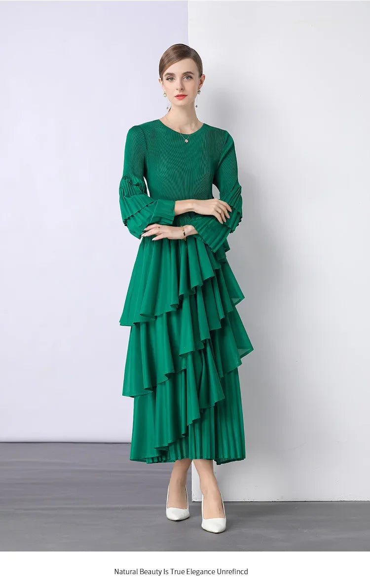 Chiffon  Long Sleeve Empire Waist Dress Draped Skirt Heavy Embellishment  Leaf Edge  Style Dress
