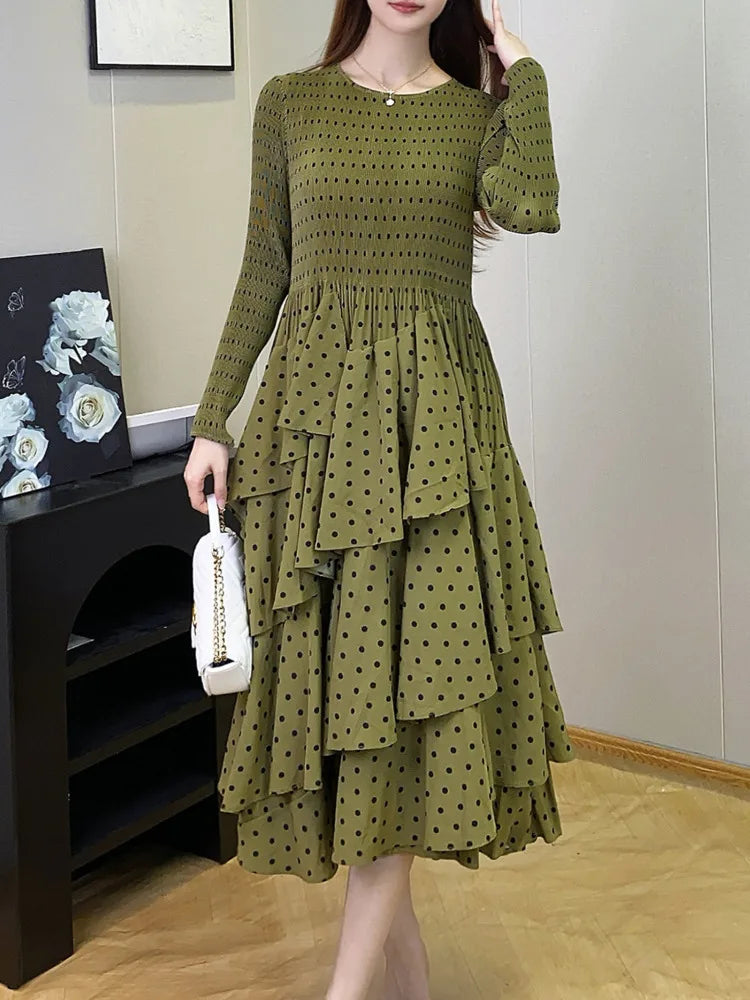 Women's Polka Dot Dress  Design Long Sleeves Ruffles Elegant Dresses