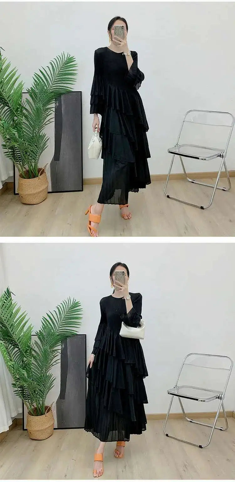 New Ruffles Pleated Dress Women Round Neck Flare Sleeves Loose Chic Long Length dress