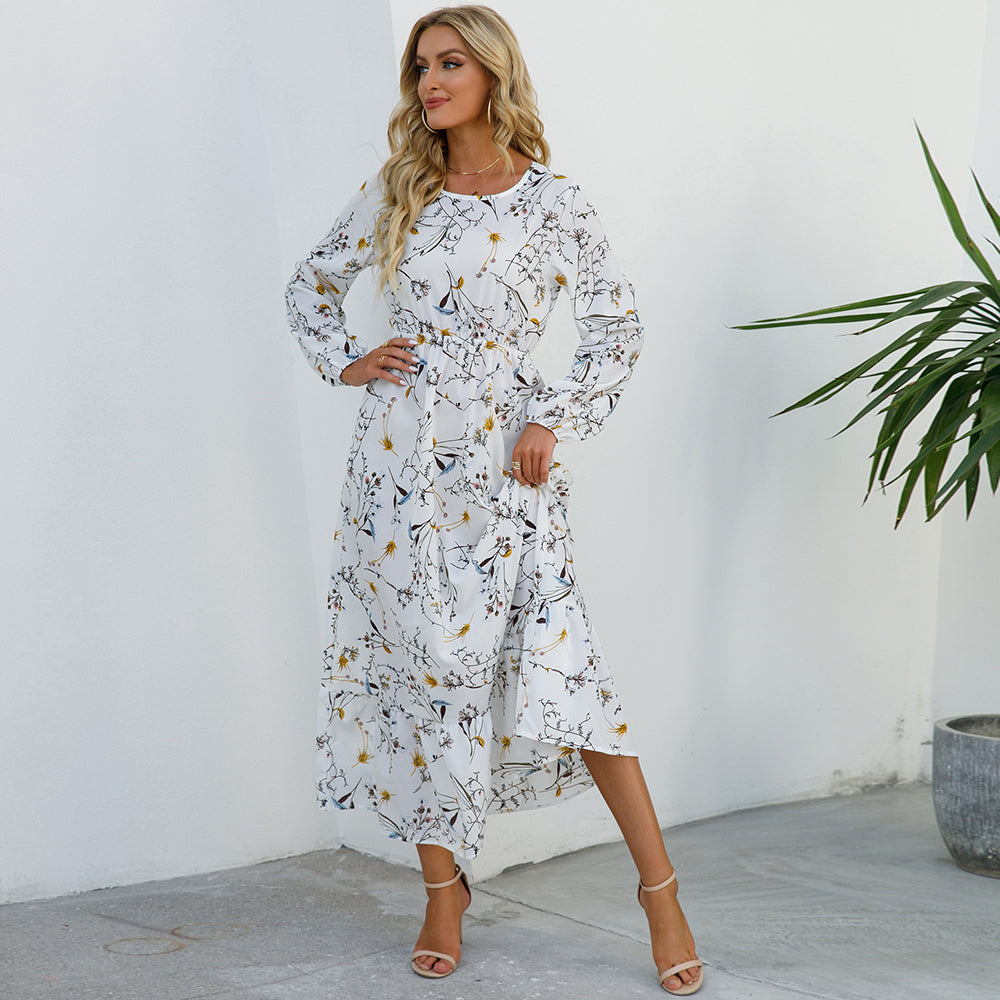 Women Maxi Dress Casual Long Sleeve High Waist   Chiffon Dress