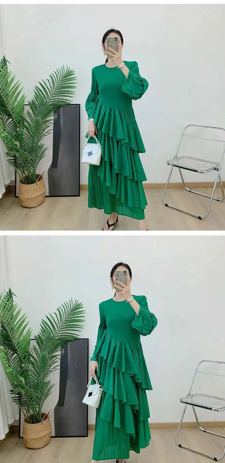 New Ruffles Pleated Dress Women Round Neck Flare Sleeves Loose Chic Long Length dress