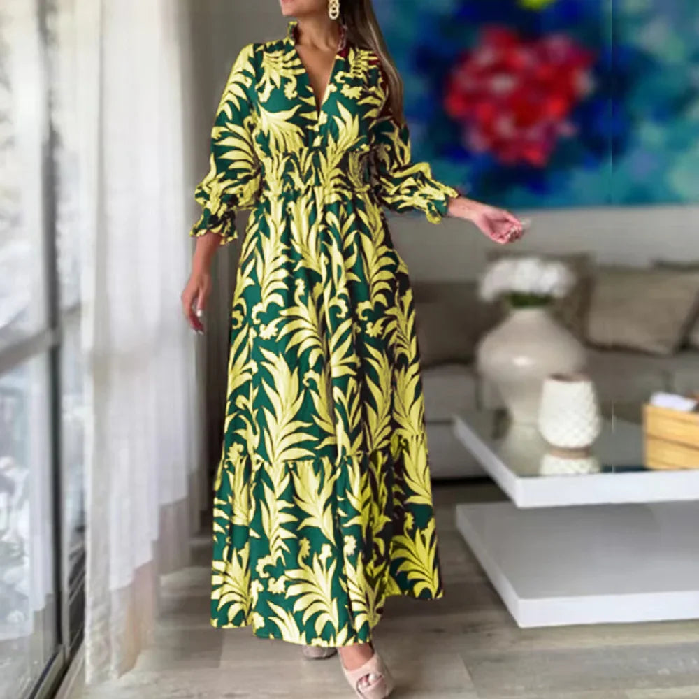 Waist  Pullover  Flower Printed Long Sleeve Autumn Winter New Long Dress Big Hem Dress Long Maxi