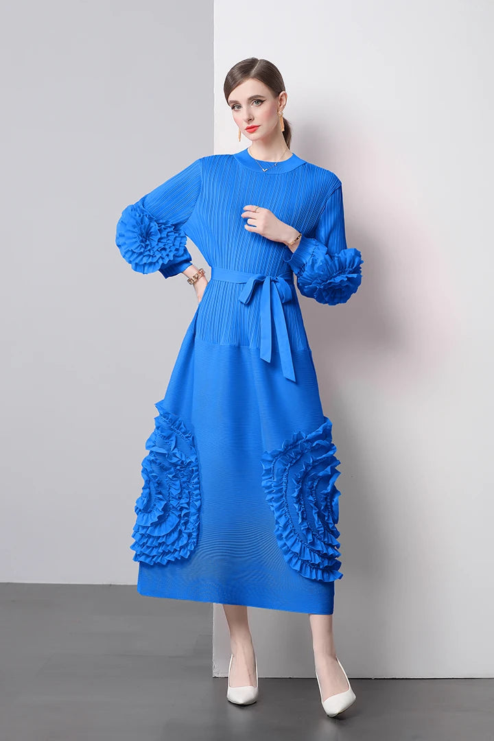 3D Flower Pleated Dress Bubble Sleeves High Waist Designer High-end Temperament Belt Long Dresses