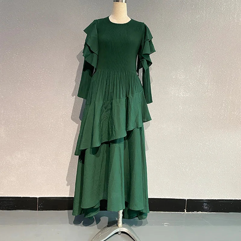 Fashion Pleated Long Dress  Design Sense Crew-neck Long Sleeve Pleated Dresses