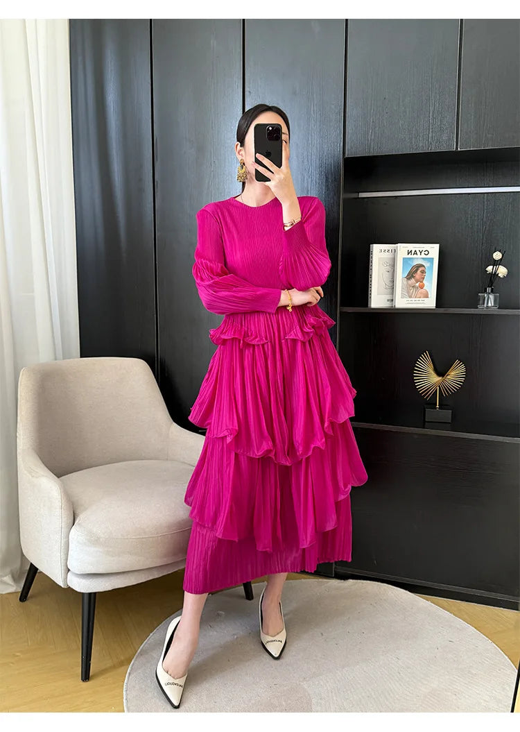 Pleated French Women's Dress  Chic New Ruffled High-End Design Long Sleeve dress