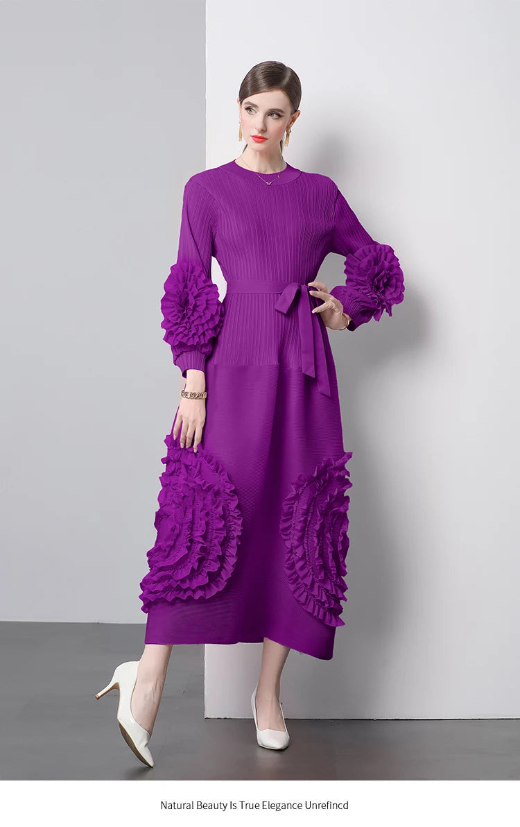 3D Flower Pleated Dress Bubble Sleeves High Waist Designer High-end Temperament Belt Long Dresses