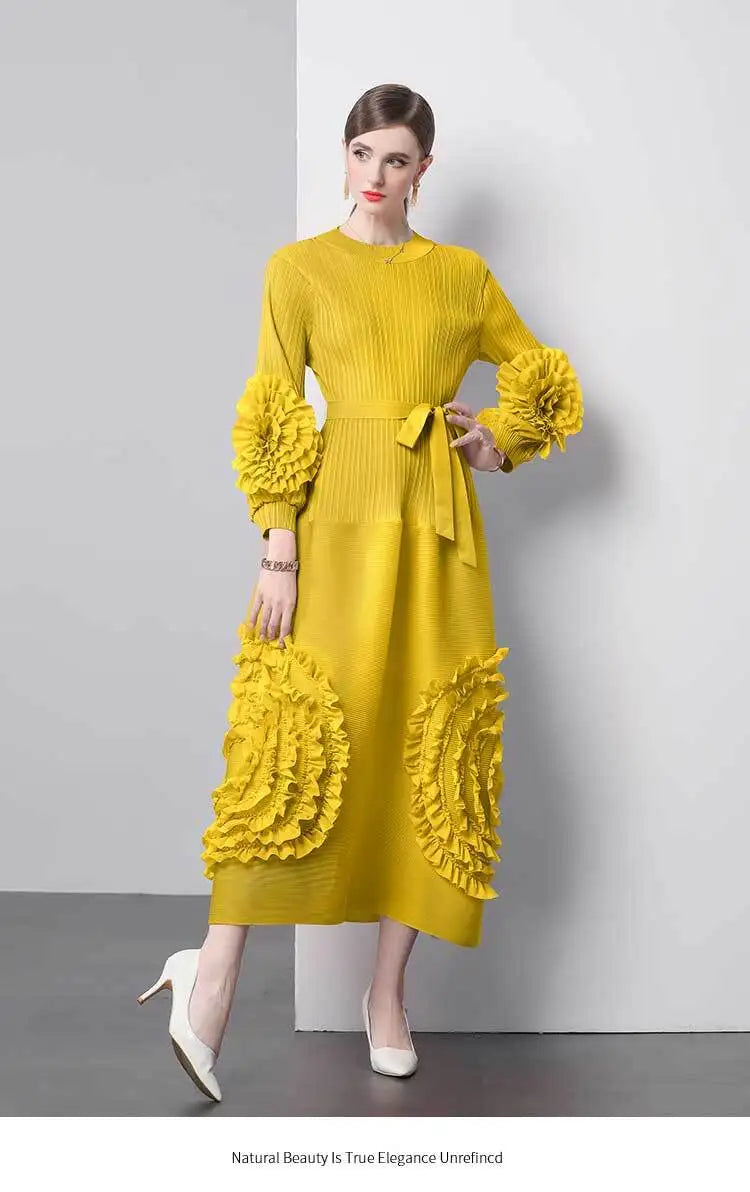 3D Flower Pleated Dress Bubble Sleeves High Waist Designer High-end Temperament Belt Long Dresses