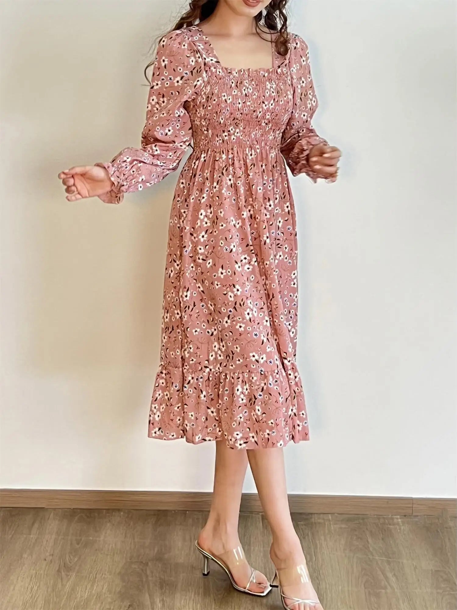Autumn  Casual Dress Women Chiffon Dresses Long Sleeve A-line Printed Floral Elastic Chest Lace Up Midi Dresses