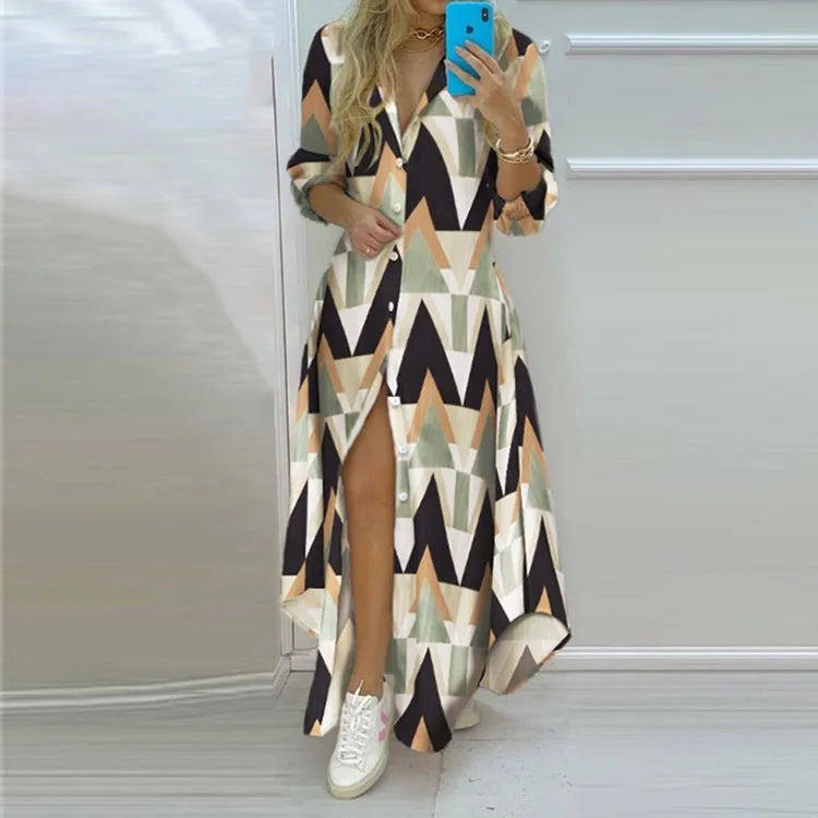 Autumn Women's  A-line Lapel Slit Long Sleeved Elegant Dress